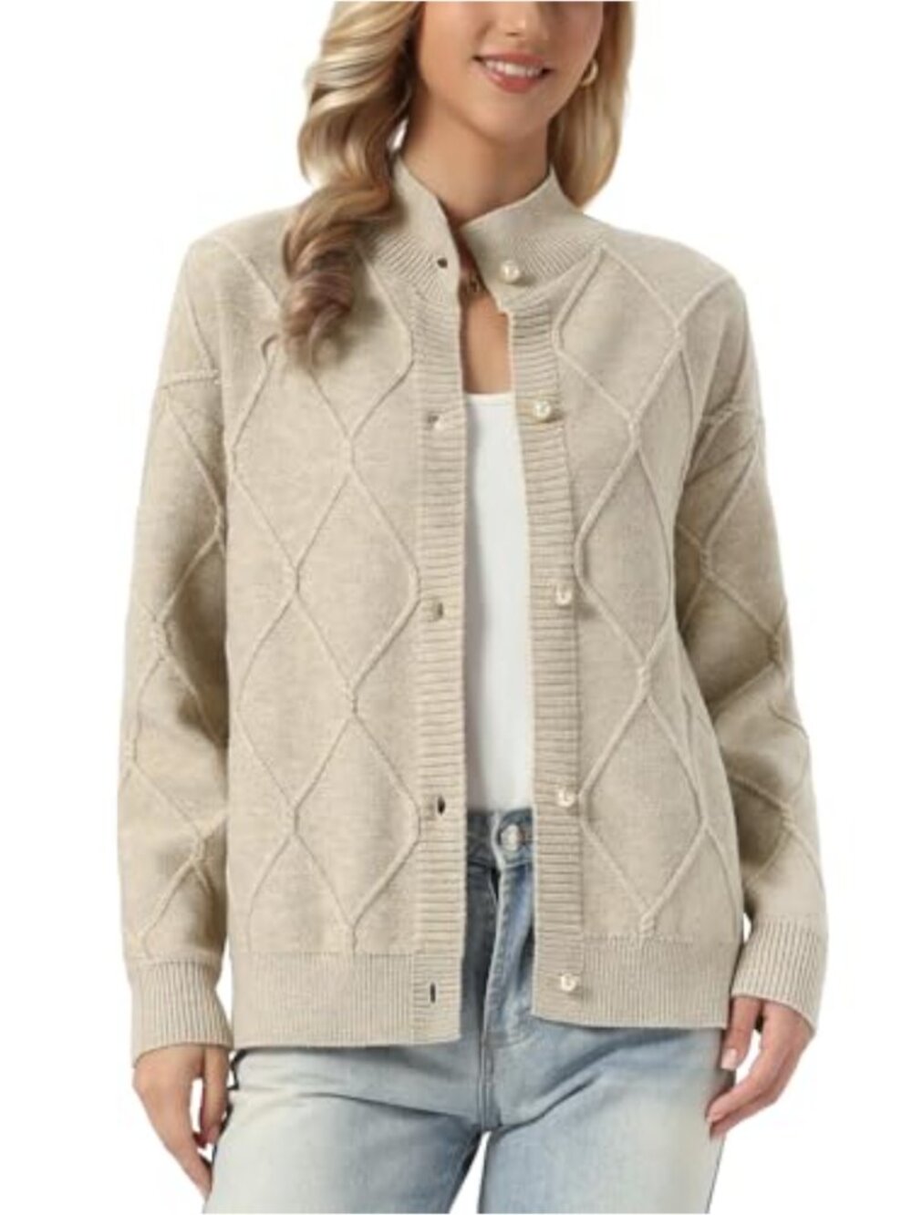 Women's Wool Blend Cardigan Sweater, Pearl Buttons Open Front Long Sleeve